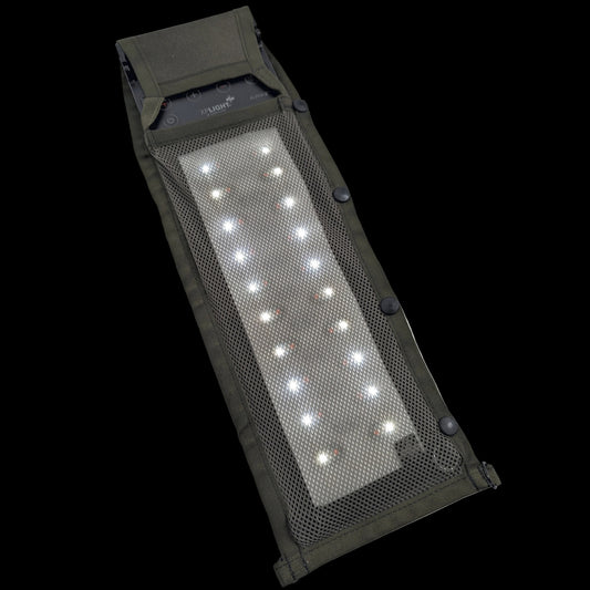 LED light panel with mesh cover on a black background